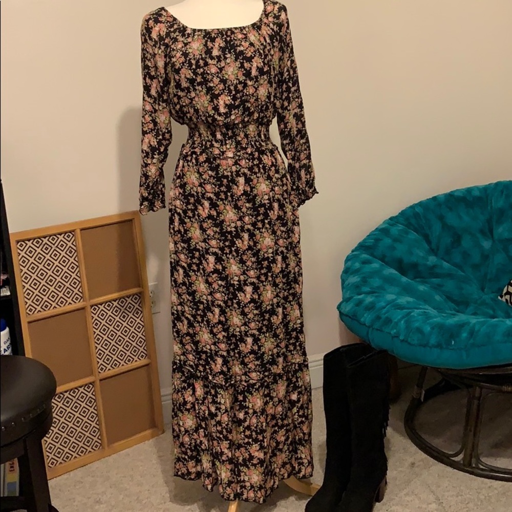Black, floral, tiered maxi dress